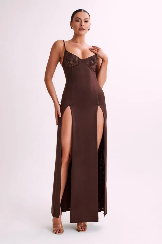 Women Meshki Dresses Jojo Jersey Split Maxi Dress With Diamante 8211 Chocolate