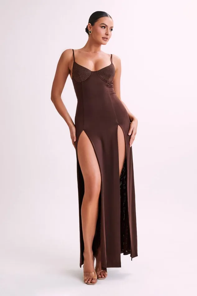 Women Meshki Dresses Jojo Jersey Split Maxi Dress With Diamante 8211 Chocolate