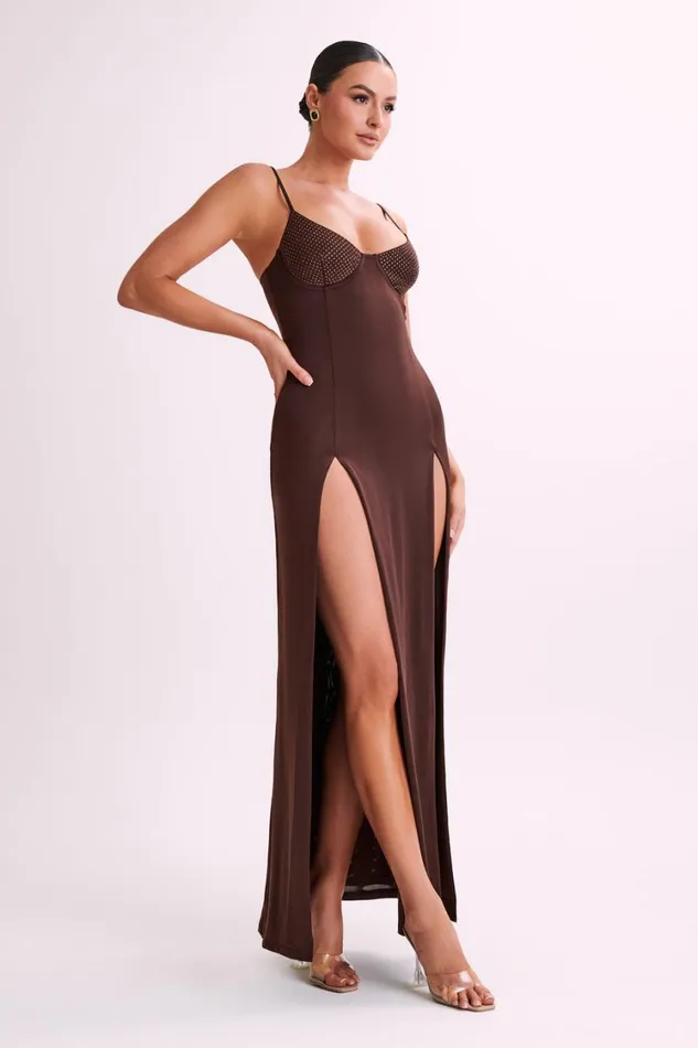 Women Meshki Dresses Jojo Jersey Split Maxi Dress With Diamante 8211 Chocolate