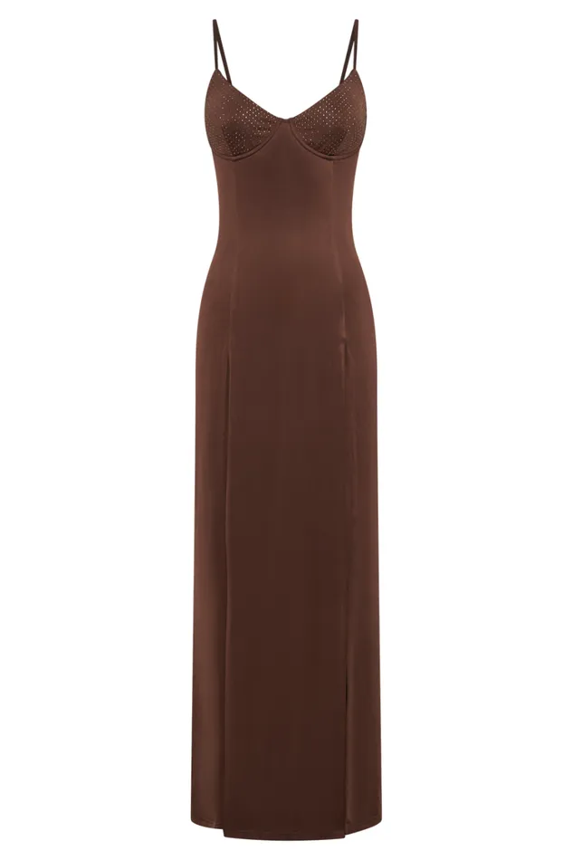 Women Meshki Dresses Jojo Jersey Split Maxi Dress With Diamante 8211 Chocolate