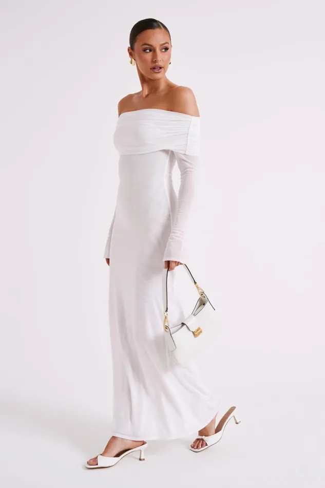 Women Meshki Dresses Josie Off Shoulder Mesh Maxi Dress 8211 Ivory