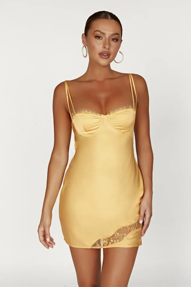 Women Meshki Dresses Joslyn Satin Lace Slip Mini Dress 8211 Lemon
