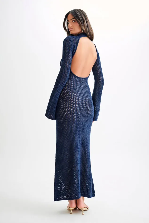 Women Meshki Dresses Julia Crochet Open Back Maxi Dress 8211 Navy