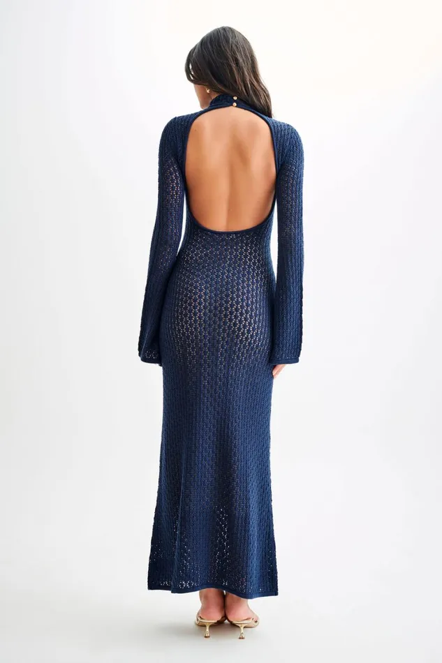 Women Meshki Dresses Julia Crochet Open Back Maxi Dress 8211 Navy