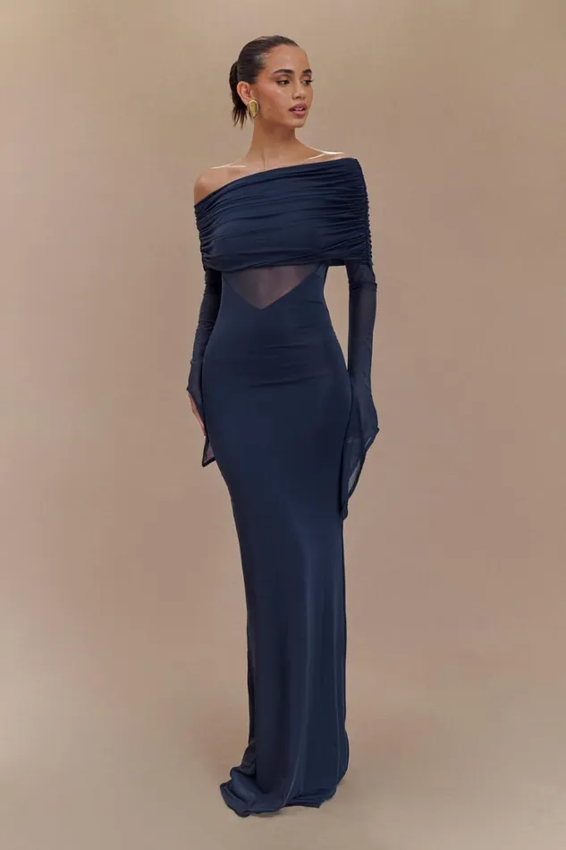 Women Meshki Dresses Kaitlin One Shoulder Slinky And Mesh Maxi Dress 8211 Midnight Blue