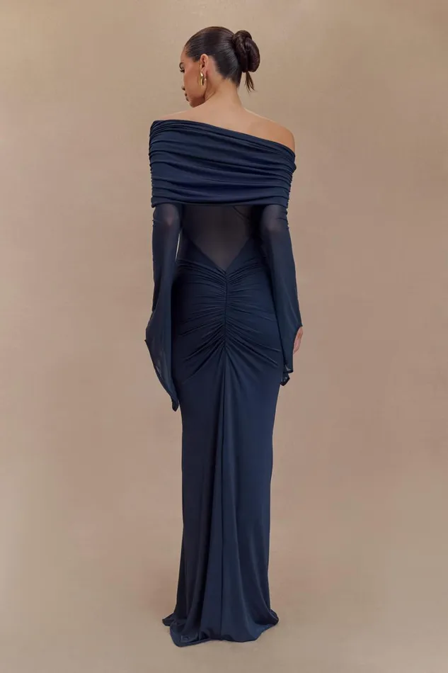 Women Meshki Dresses Kaitlin One Shoulder Slinky And Mesh Maxi Dress 8211 Midnight Blue