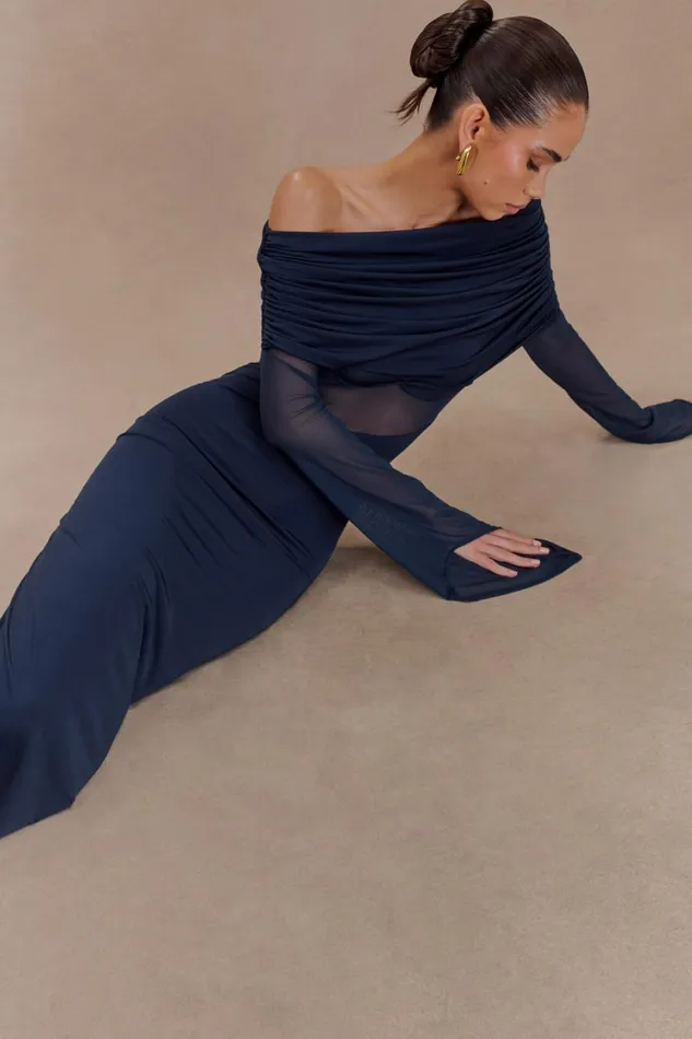 Women Meshki Dresses Kaitlin One Shoulder Slinky And Mesh Maxi Dress 8211 Midnight Blue