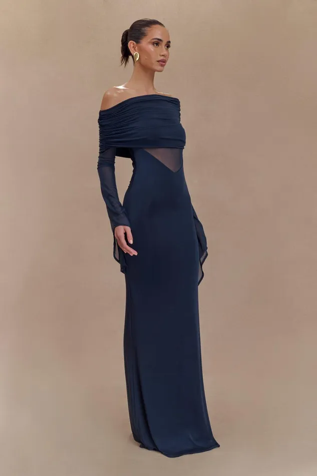 Women Meshki Dresses Kaitlin One Shoulder Slinky And Mesh Maxi Dress 8211 Midnight Blue