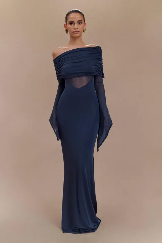 Women Meshki Dresses Kaitlin One Shoulder Slinky And Mesh Maxi Dress 8211 Midnight Blue
