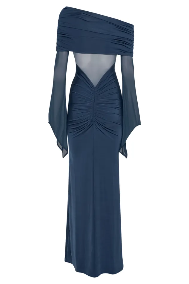 Women Meshki Dresses Kaitlin One Shoulder Slinky And Mesh Maxi Dress 8211 Midnight Blue