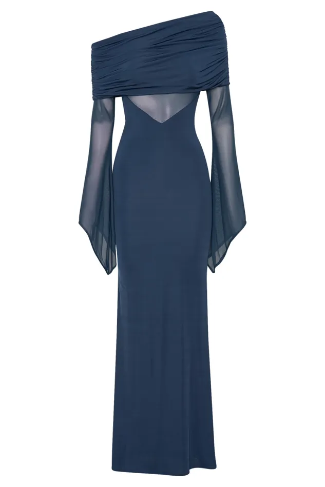 Women Meshki Dresses Kaitlin One Shoulder Slinky And Mesh Maxi Dress 8211 Midnight Blue