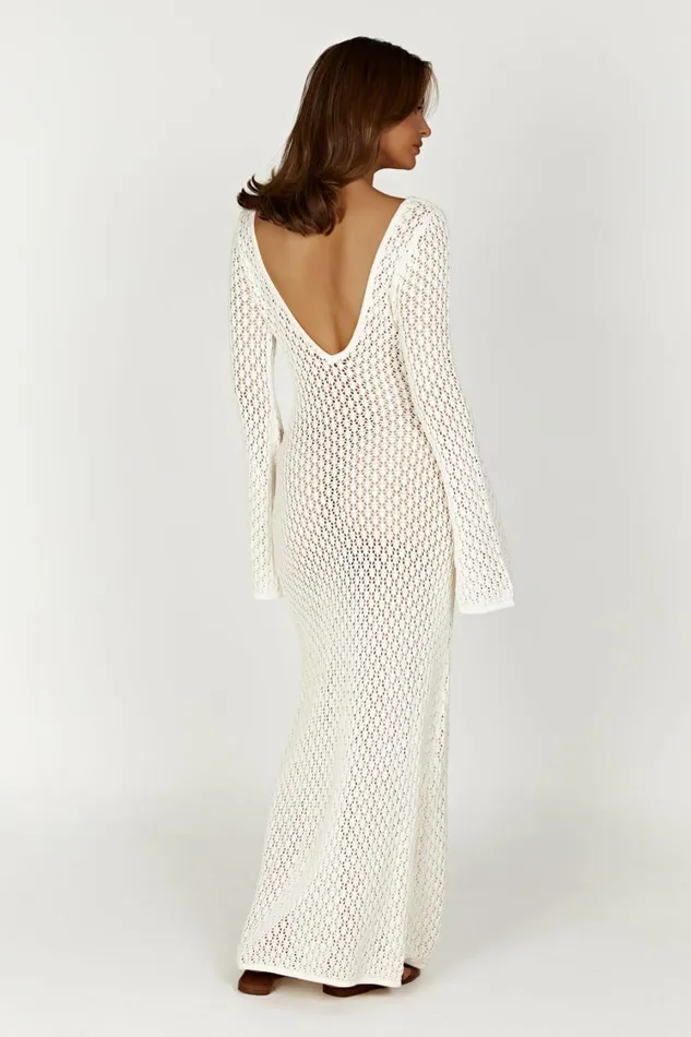 Women Meshki Dresses Kayleigh Crochet Fishtail Flare Sleeve Maxi Dress 8211 White