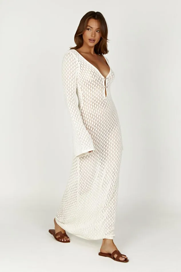 Women Meshki Dresses Kayleigh Crochet Fishtail Flare Sleeve Maxi Dress 8211 White