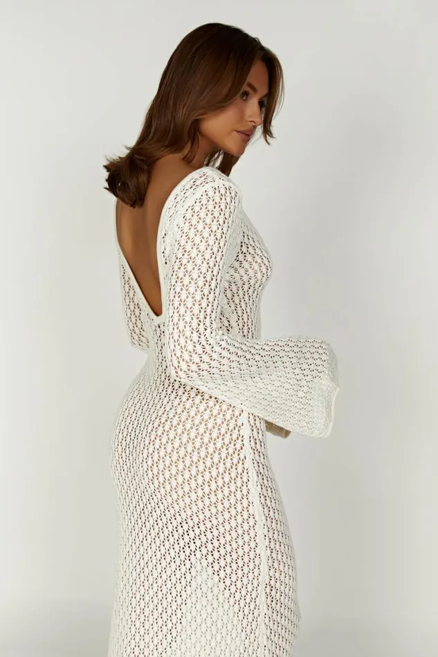 Women Meshki Dresses Kayleigh Crochet Fishtail Flare Sleeve Maxi Dress 8211 White