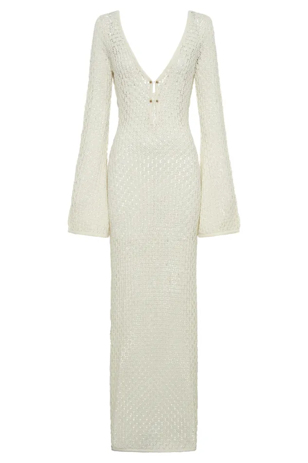 Women Meshki Dresses Kayleigh Crochet Fishtail Flare Sleeve Maxi Dress 8211 White