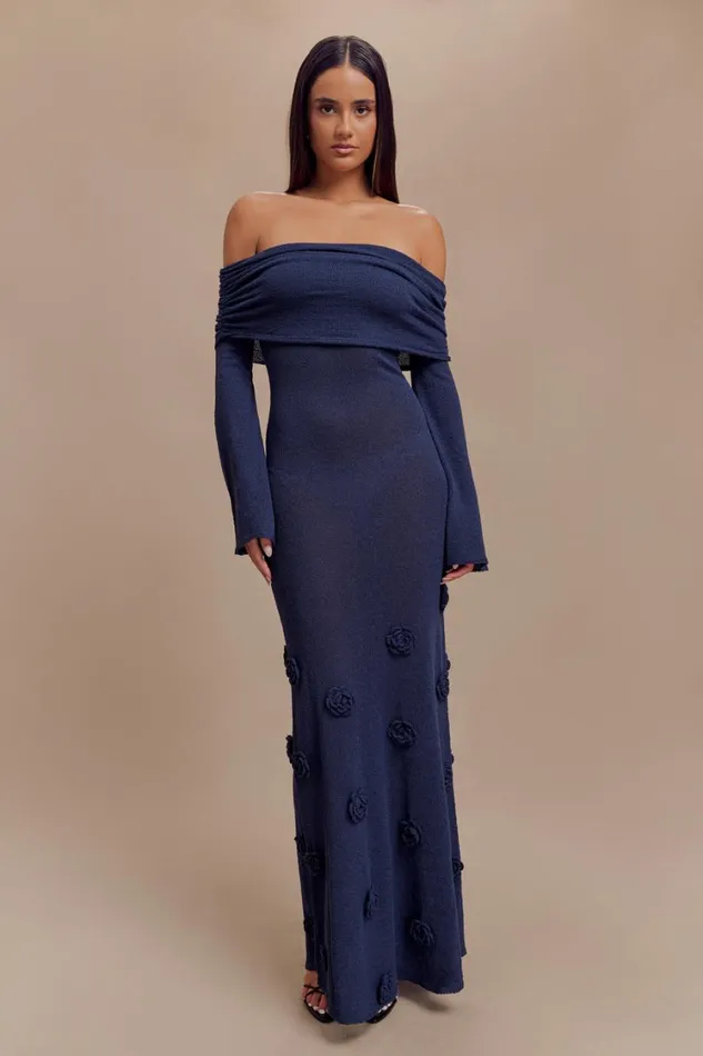 Women Meshki Dresses Kiki Off Shoulder Knit Rose Maxi Dress 8211 Navy
