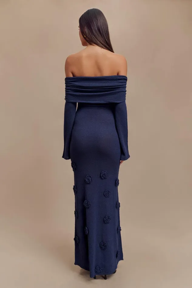 Women Meshki Dresses Kiki Off Shoulder Knit Rose Maxi Dress 8211 Navy