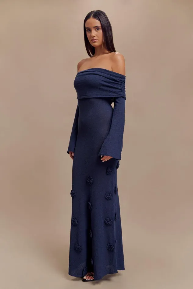 Women Meshki Dresses Kiki Off Shoulder Knit Rose Maxi Dress 8211 Navy