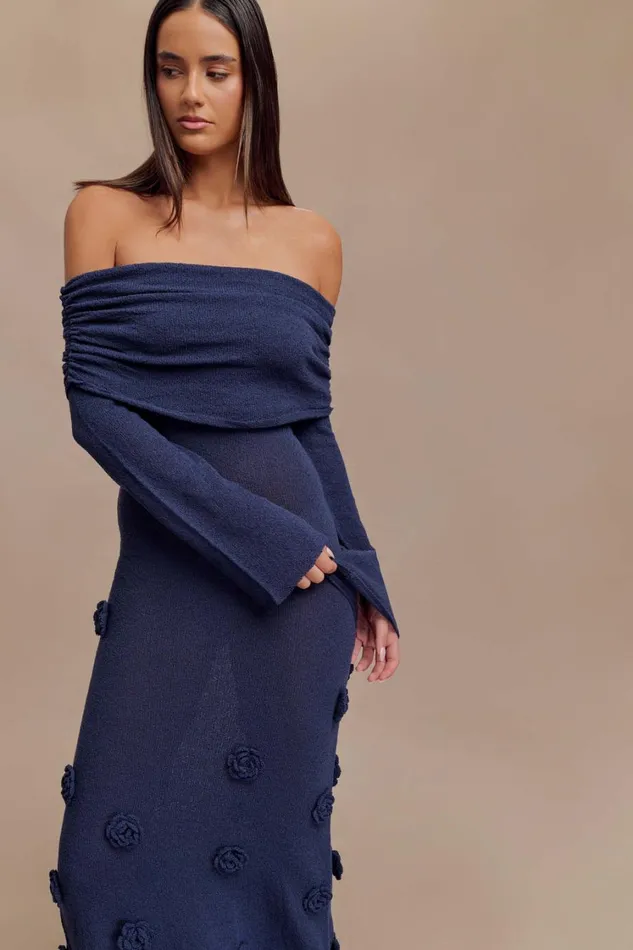 Women Meshki Dresses Kiki Off Shoulder Knit Rose Maxi Dress 8211 Navy