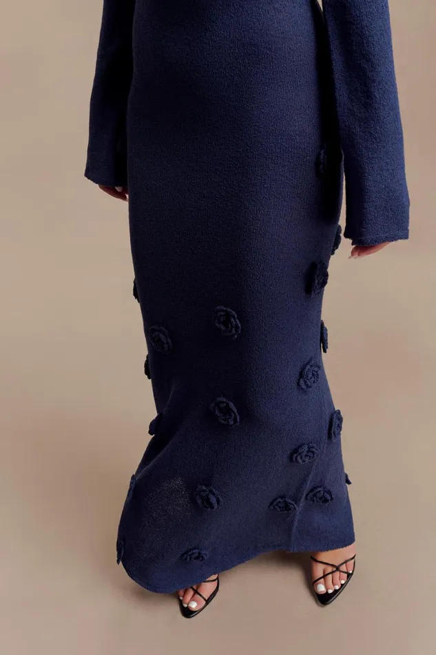 Women Meshki Dresses Kiki Off Shoulder Knit Rose Maxi Dress 8211 Navy