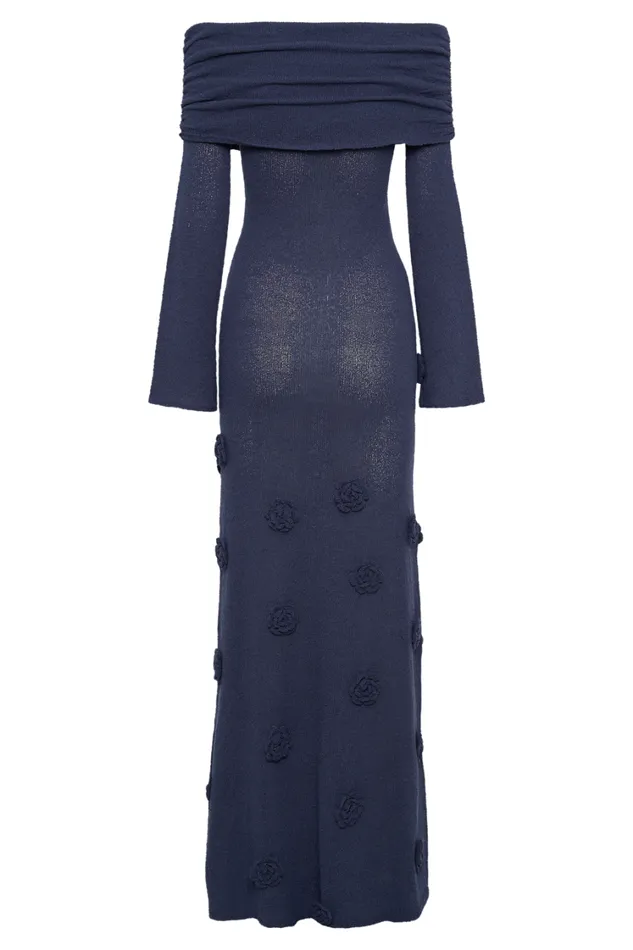 Women Meshki Dresses Kiki Off Shoulder Knit Rose Maxi Dress 8211 Navy