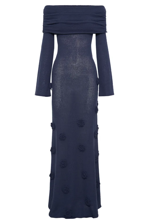 Women Meshki Dresses Kiki Off Shoulder Knit Rose Maxi Dress 8211 Navy