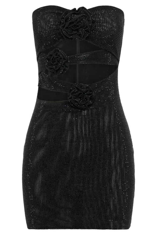 Women Meshki Dresses Korinna Strapless Rose Diamante Mini Dress 8211 Black