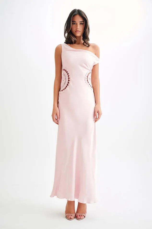Women Meshki Dresses Kristina Satin Maxi Dress With Crochet 8211 Pale Pink