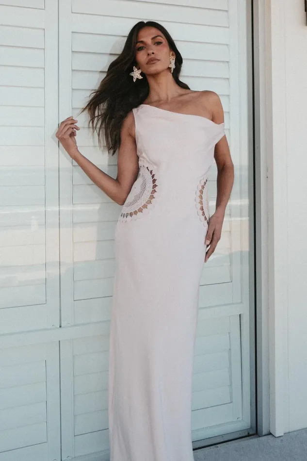 Women Meshki Dresses Kristina Satin Maxi Dress With Crochet 8211 Pale Pink