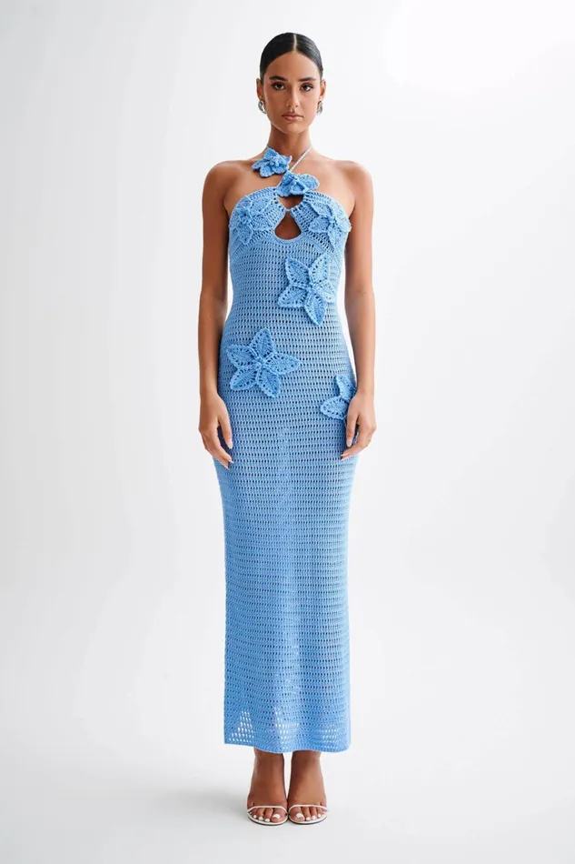 Women Meshki Dresses Kyla Floral Crochet Maxi Dress 8211 Cornflower Blue
