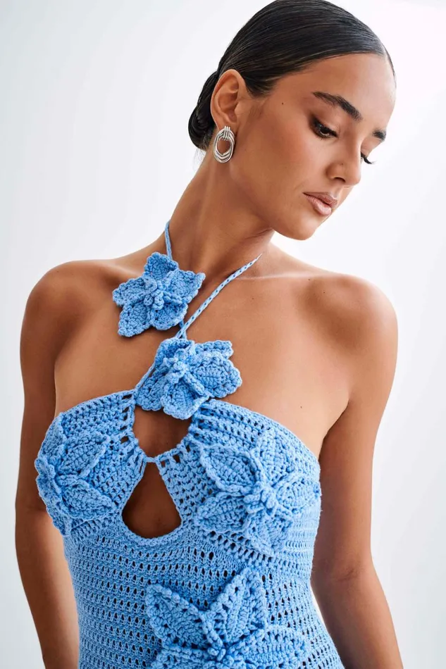 Women Meshki Dresses Kyla Floral Crochet Maxi Dress 8211 Cornflower Blue