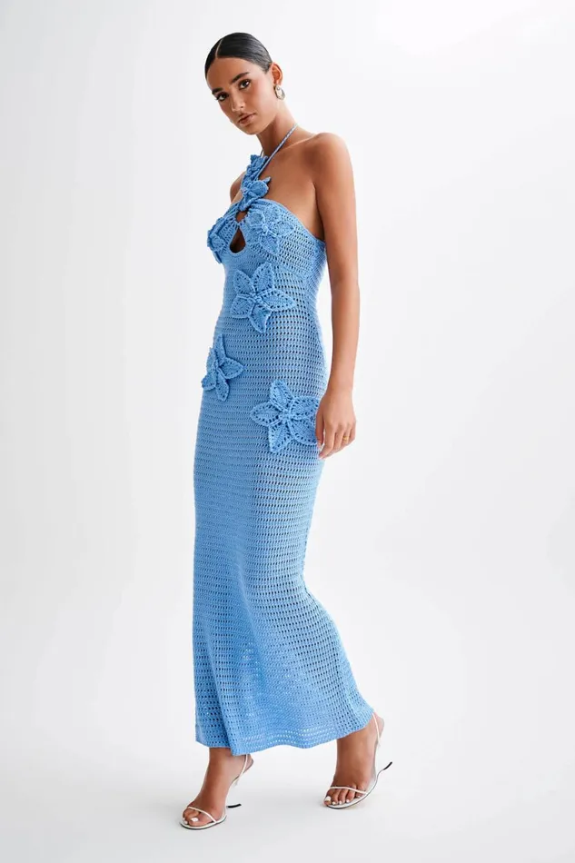 Women Meshki Dresses Kyla Floral Crochet Maxi Dress 8211 Cornflower Blue