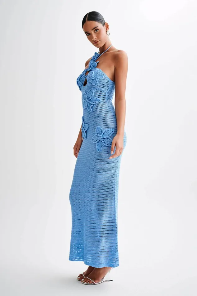 Women Meshki Dresses Kyla Floral Crochet Maxi Dress 8211 Cornflower Blue