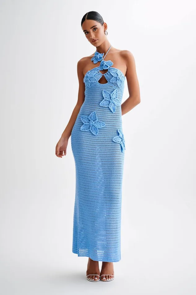 Women Meshki Dresses Kyla Floral Crochet Maxi Dress 8211 Cornflower Blue
