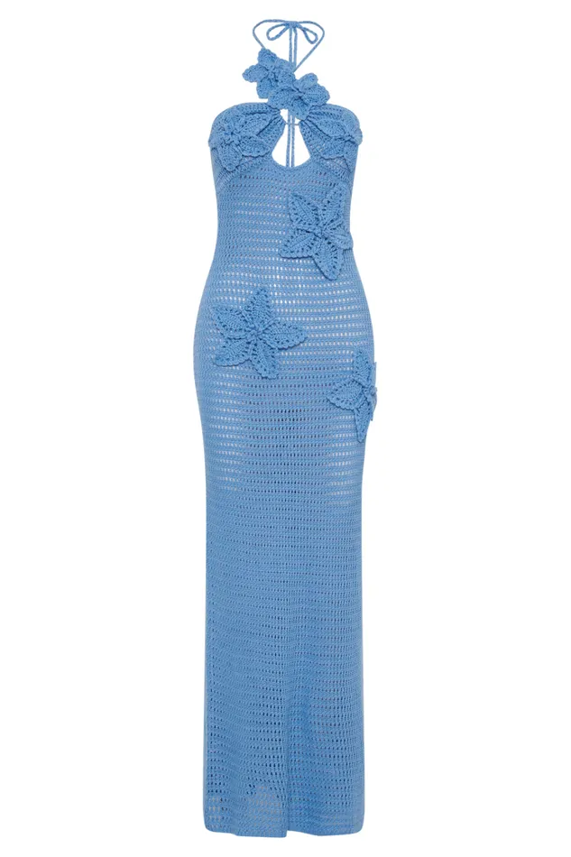 Women Meshki Dresses Kyla Floral Crochet Maxi Dress 8211 Cornflower Blue