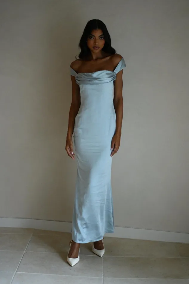 Women Meshki Dresses Lacey Backless Satin Maxi Dress 8211 Ice Blue