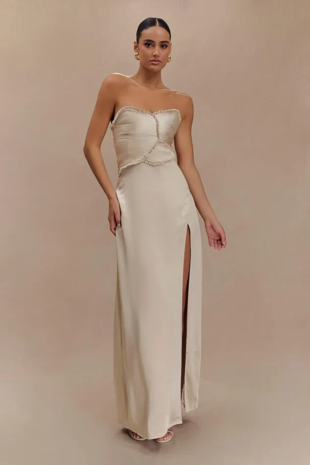 Women Meshki Dresses Larissa Satin Maxi Dress With Ruched Petals 8211 Champagne Women Meshki Dresses Larissa Satin Maxi Dress With Ruched Petals 8211 Champagne