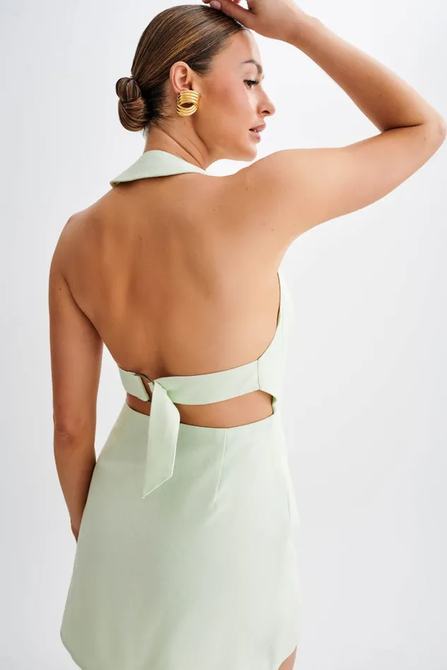 Women Meshki Dresses Lorraine Linen Halter Mini Dress 8211 Mint