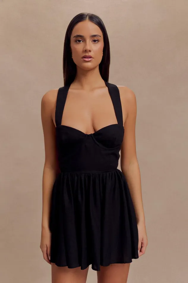 Women Meshki Dresses Loz Tie Back Linen Mini Dress 8211 Black