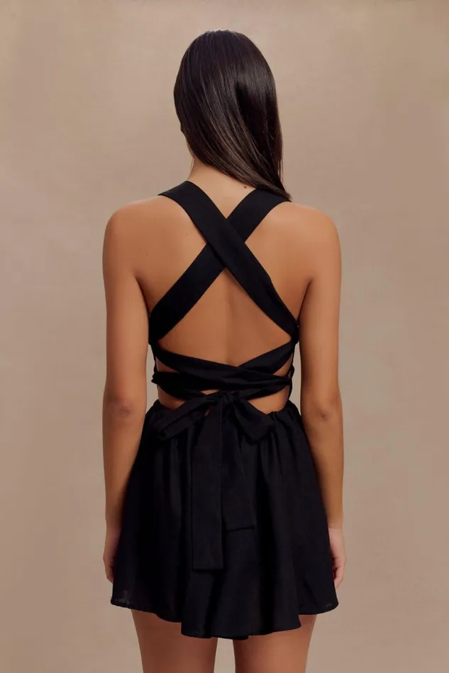 Women Meshki Dresses Loz Tie Back Linen Mini Dress 8211 Black