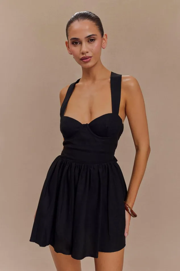 Women Meshki Dresses Loz Tie Back Linen Mini Dress 8211 Black