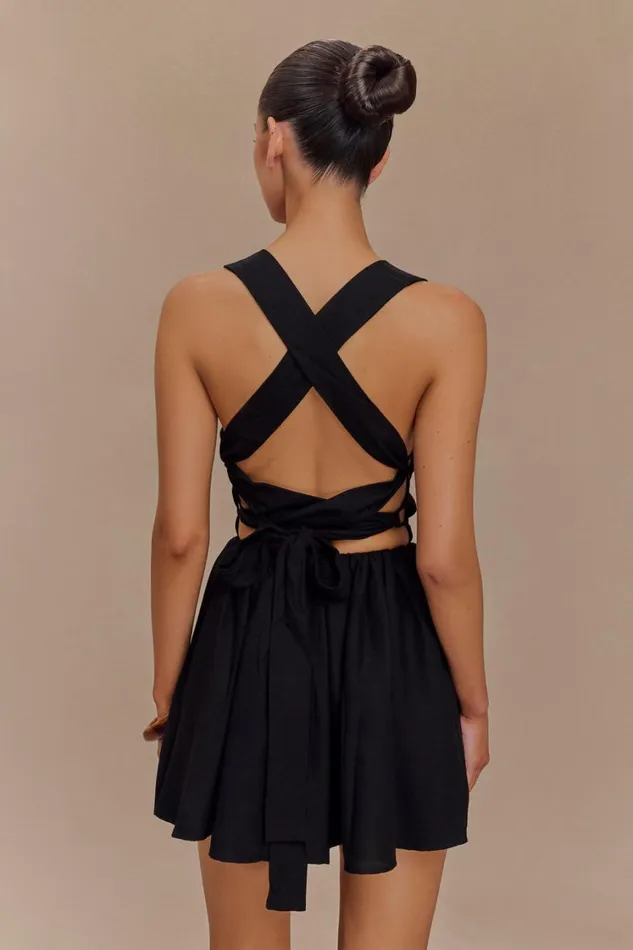 Women Meshki Dresses Loz Tie Back Linen Mini Dress 8211 Black