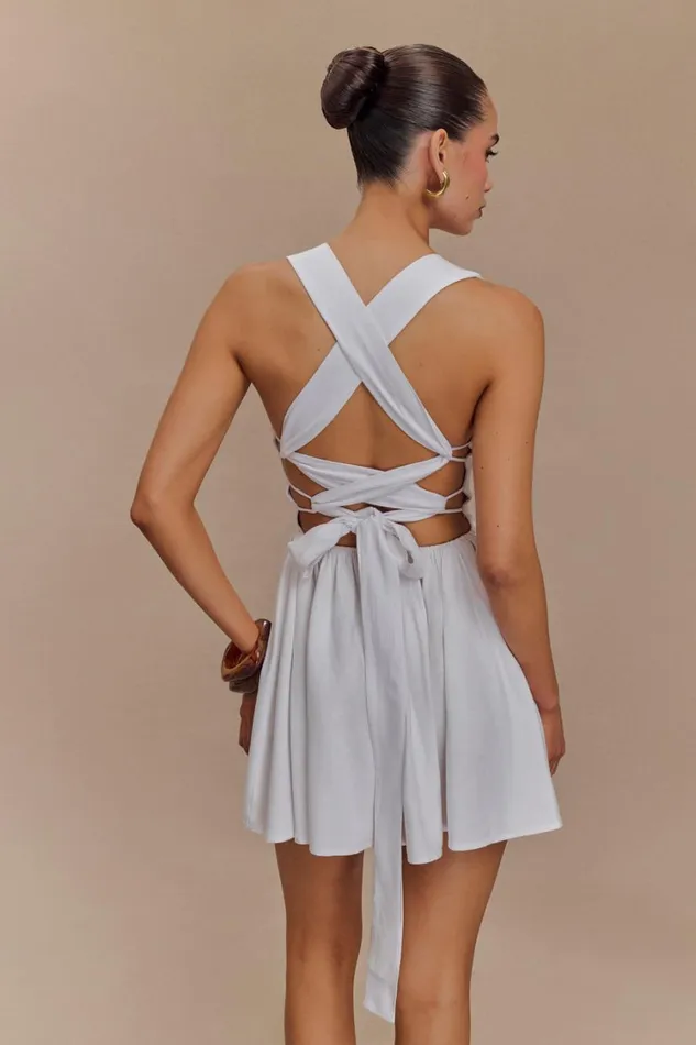 Women Meshki Dresses Loz Tie Back Linen Mini Dress 8211 White