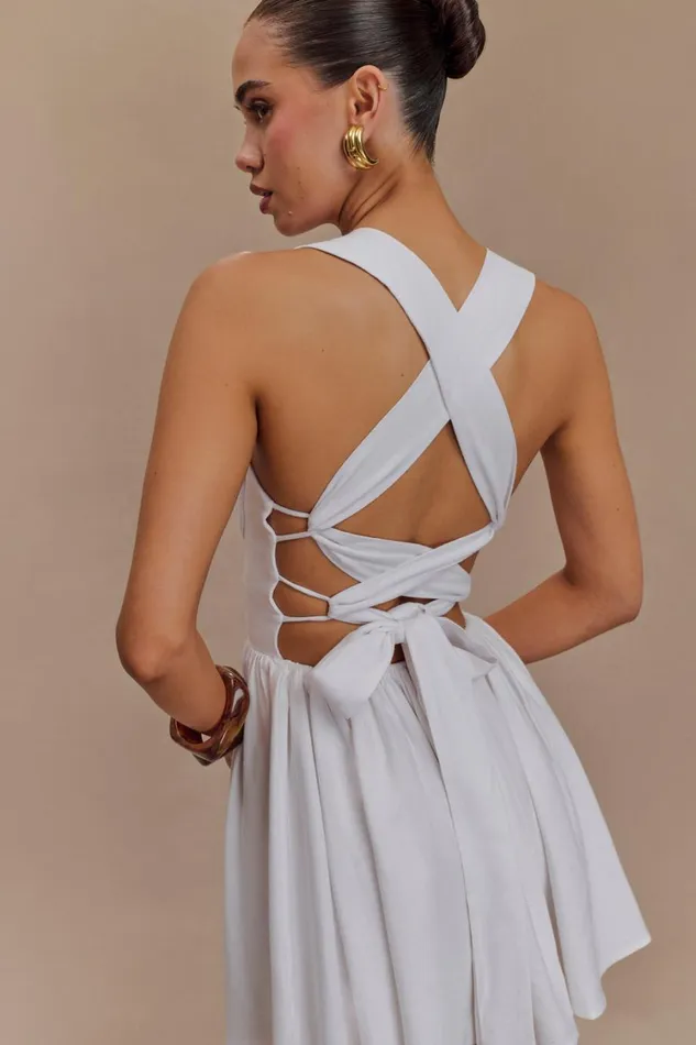 Women Meshki Dresses Loz Tie Back Linen Mini Dress 8211 White