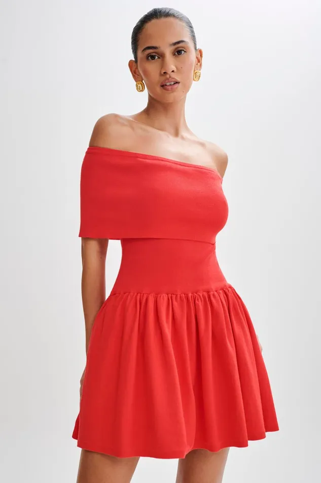 Women Meshki Dresses Lydia Off Shoulder Knit Mini Dress 8211 Red