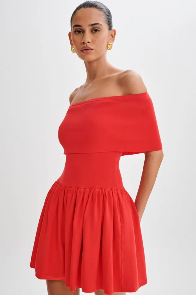 Women Meshki Dresses Lydia Off Shoulder Knit Mini Dress 8211 Red