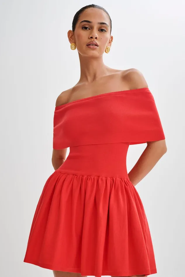 Women Meshki Dresses Lydia Off Shoulder Knit Mini Dress 8211 Red