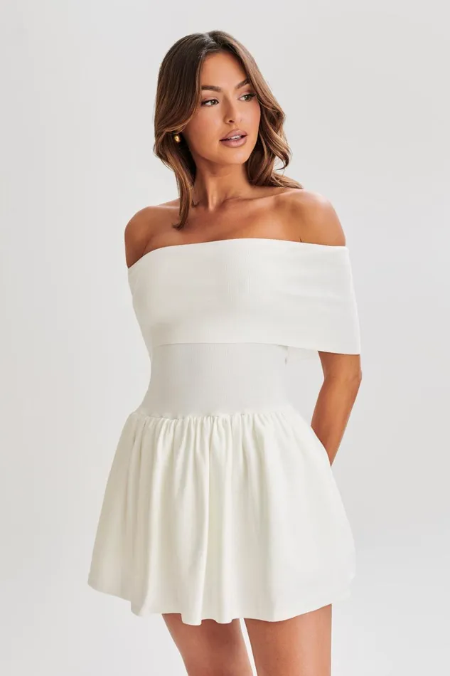 Women Meshki Dresses Lydia Off Shoulder Knit Mini Dress 8211 White