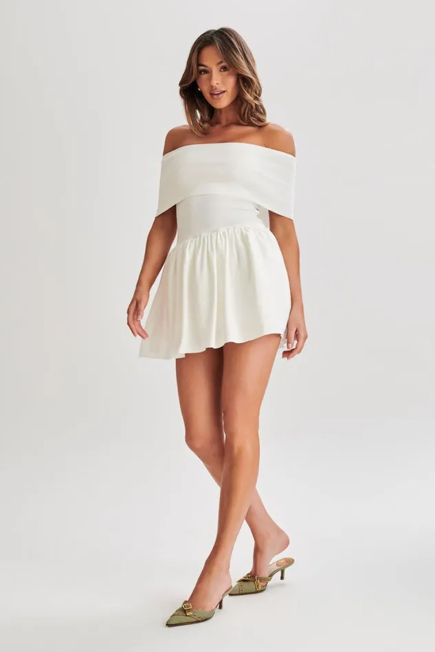 Women Meshki Dresses Lydia Off Shoulder Knit Mini Dress 8211 White