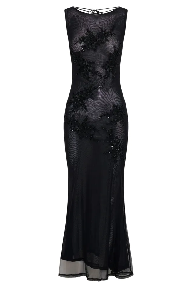 Women Meshki Dresses Maeva Embroidered Mesh Maxi Dress 8211 Black